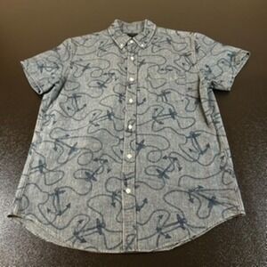 J. Crew Anchor Print Button‎ Down Short Sleeve Casual Shirt Blue Mens Medium